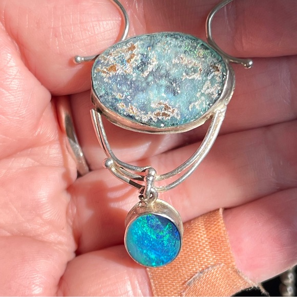 Vintage Unique Roman Glass and Opal Sterling Silver Necklace on Ball Chain - Picture 2 of 14
